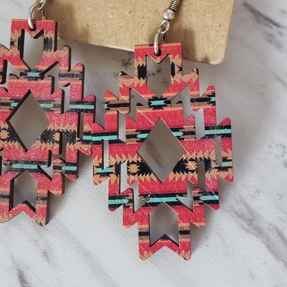 Desert Flame Southwestern Diamond Wood Earrings - Picture 2 of 7